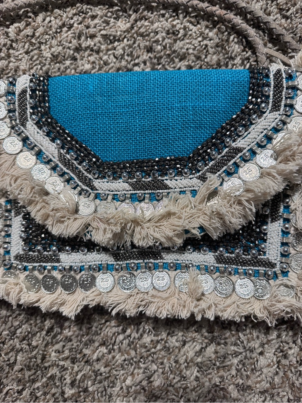 Antik Kraft Turquoise and Cream Boho Fringe Crossbody